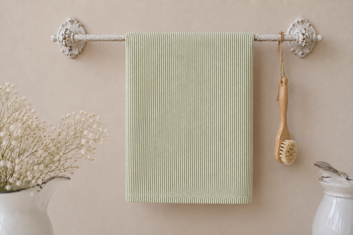 IB Laursen Geschirrtuch mit grünen Streifen an vintage Handtuchhalter im skandinavischen Landhausstil
