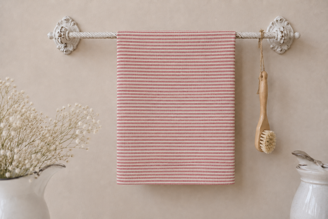 IB Laursen Geschirrtuch Martina Rot mit feinen Streifen an vintage Handtuchstange im Landhausstil dekoriert