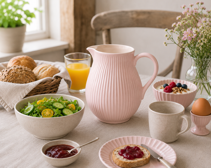 Ib Laursen Kanne Mynte English Rose 2,0 Liter in heller Frühstück Szene mit Brötchen Marmelade und frischen Zutaten