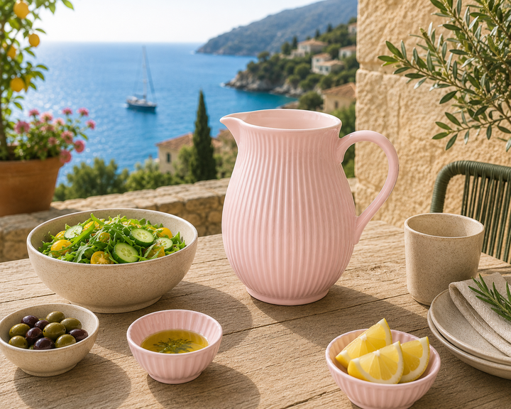 Ib Laursen Kanne Mynte English Rose 2,0 Liter auf sonniger Terrasse mit Meerblick und mediterraner Atmosphäre