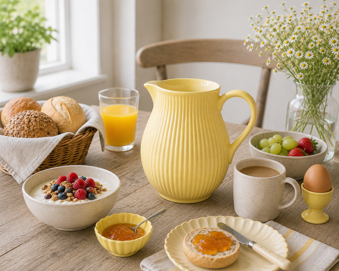 Ib Laursen Kanne Mynte Lemonade 2,0 Liter in heller Frühstück Szene mit Brötchen Marmelade Orangensaft und frischen Zutaten