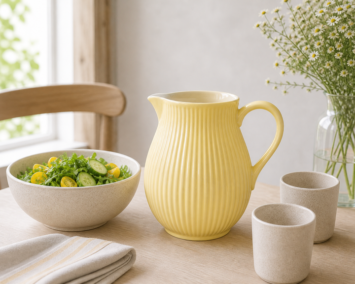 Ib Laursen Kanne Mynte Lemonade 2,0 Liter auf hellem Tisch im skandinavischen Stil mit frischem Salat