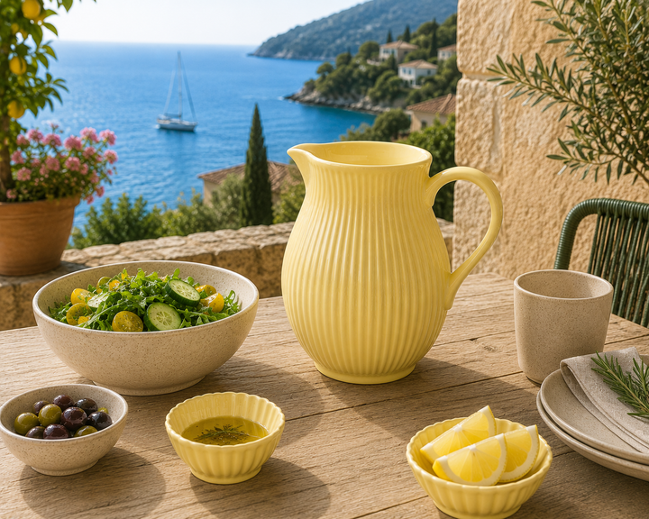Ib Laursen Kanne Mynte Lemonade 2,0 Liter auf sonniger Terrasse im mediterranen Stil mit Meerblick und frischen Zutaten