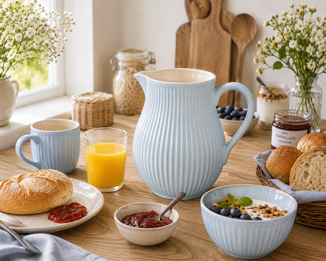 Ib Laursen Kanne Mynte Stillwater 2,0 Liter in heller Frühstück Szene mit Brötchen Marmelade Orangensaft und frischen Zutaten