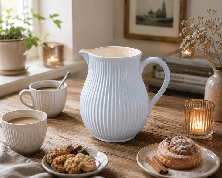 Ib Laursen Kanne Mynte Stillwater 2,0 Liter in gemütlicher Kaffee Szene im Hygge Stil mit warmem Licht