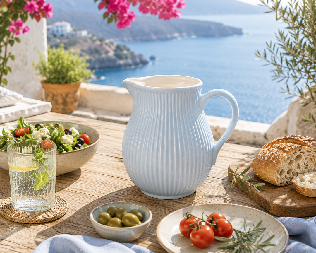 Ib Laursen Kanne Mynte Stillwater 2,0 Liter auf sonniger Terrasse im mediterranen Stil mit Meerblick und frischen Zutaten