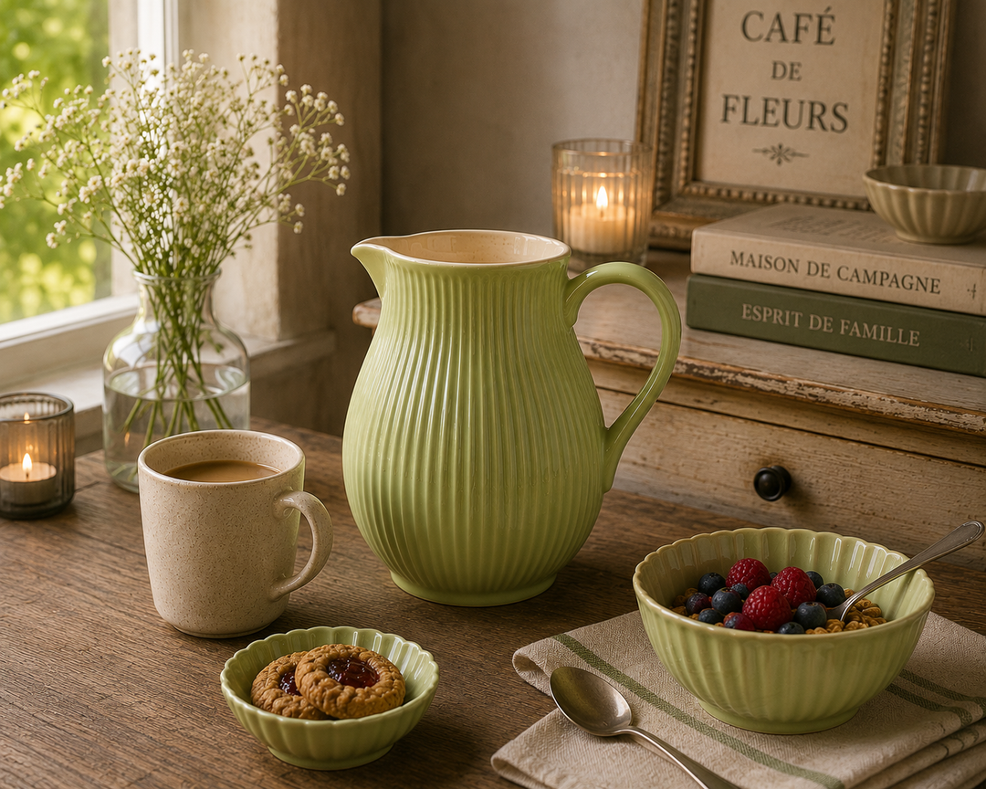 Ib Laursen Kanne Mynte Wasabi 2,0 Liter in gemütlicher Kaffee Szene im Hygge Stil mit warmem Licht