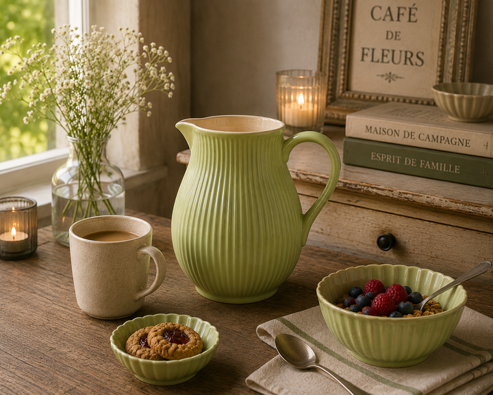 Ib Laursen Kanne Mynte Wasabi 2,0 Liter in gemütlicher Kaffee Szene im Hygge Stil mit warmem Licht
