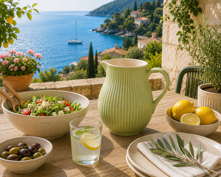 Ib Laursen Kanne Mynte Wasabi 2,0 Liter auf sonniger Terrasse im mediterranen Stil mit Meerblick und frischen Zutaten