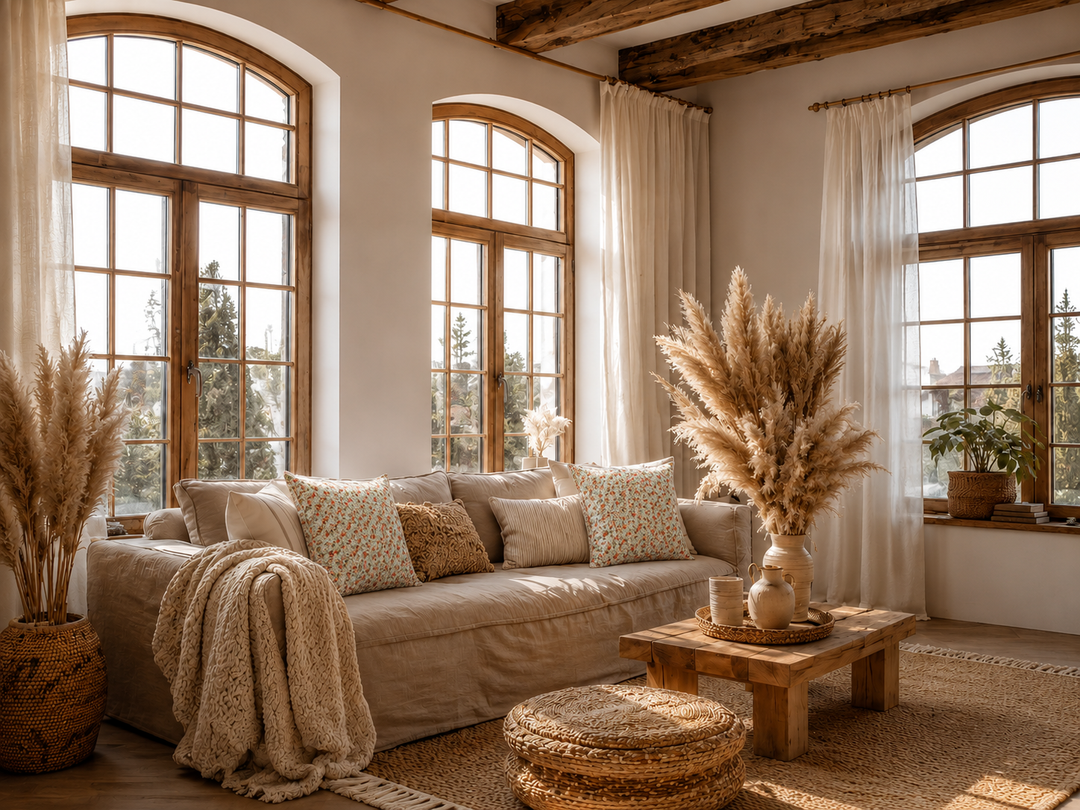 Ib Laursen Kissenbezug geblümt Orange Rosa Creme 60x60 im warmen Boho Wohnzimmer mit skandinavischem Landhausstil und Naturtönen