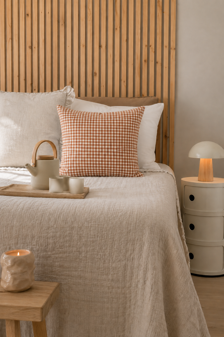 IB Laursen Kissenbezug orange weiß kariert im skandinavischen Schlafzimmer mit Holz und Naturtönen
