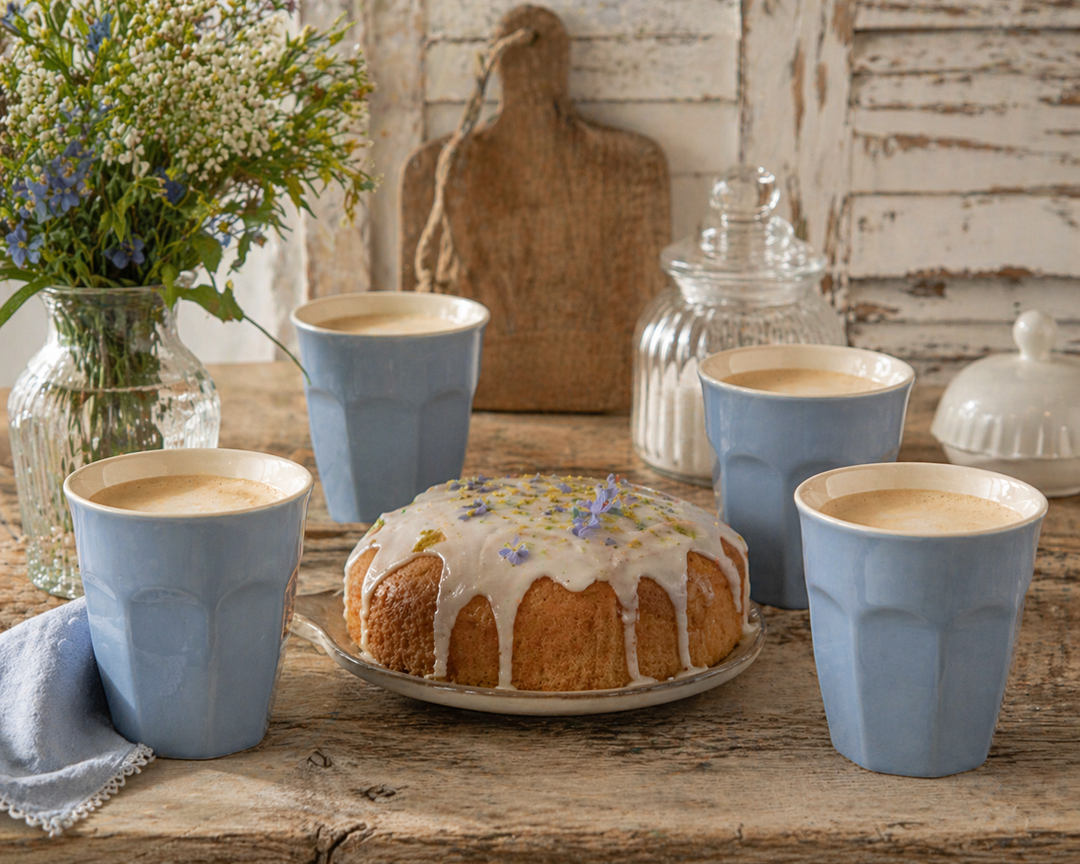 IB Laursen Mynte Becher Blue Bell auf urigem Holztisch mit Kuchen und mehreren Bechern im Shabby Chic Landhausstil