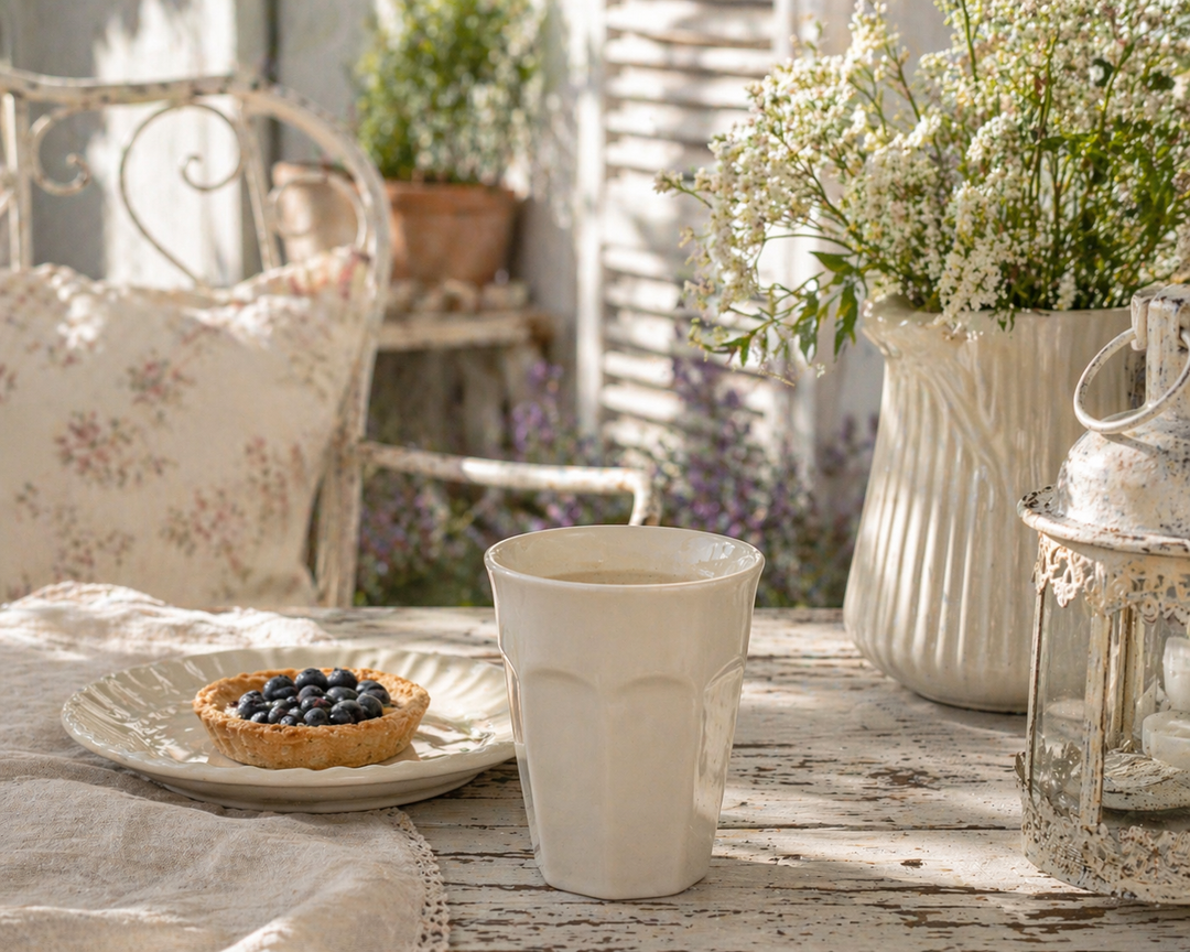 IB Laursen Mynte Becher Butter Cream auf sommerlicher Terrasse im Shabby Chic Landhausstil mit Blumen und Gebäck