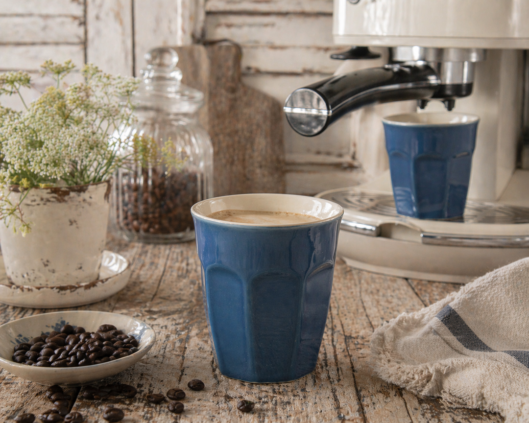 IB Laursen Mynte Becher Cornflower auf urigem Holztisch mit Kaffeebohnen und Kaffeemaschine im Shabby Chic Stil
