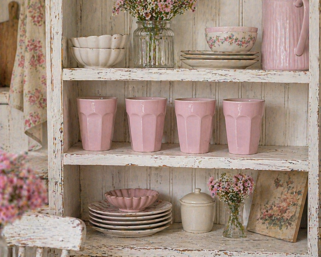 IB Laursen Mynte Becher English Rose rosa im Regal Landhausküche Shabby Chic mit Geschirr