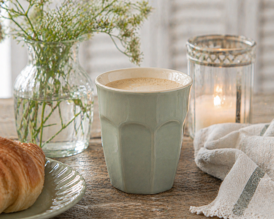IB Laursen Mynte Becher Green Tea in Nutzung mit Kaffee auf Holztisch im skandinavischen Landhausstil