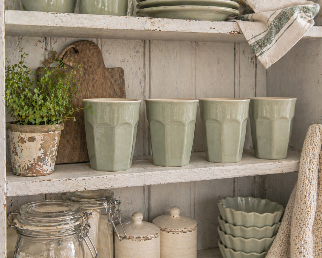 IB Laursen Mynte Becher Green Tea im Regal einer Shabby Chic Landhausküche dekorativ arrangiert