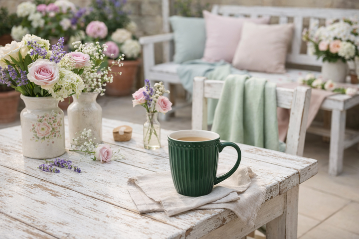 Grüner Keramikbecher im skandinavischen Landhausstil auf sommerlicher Terrasse mit Blumen und Holztisch