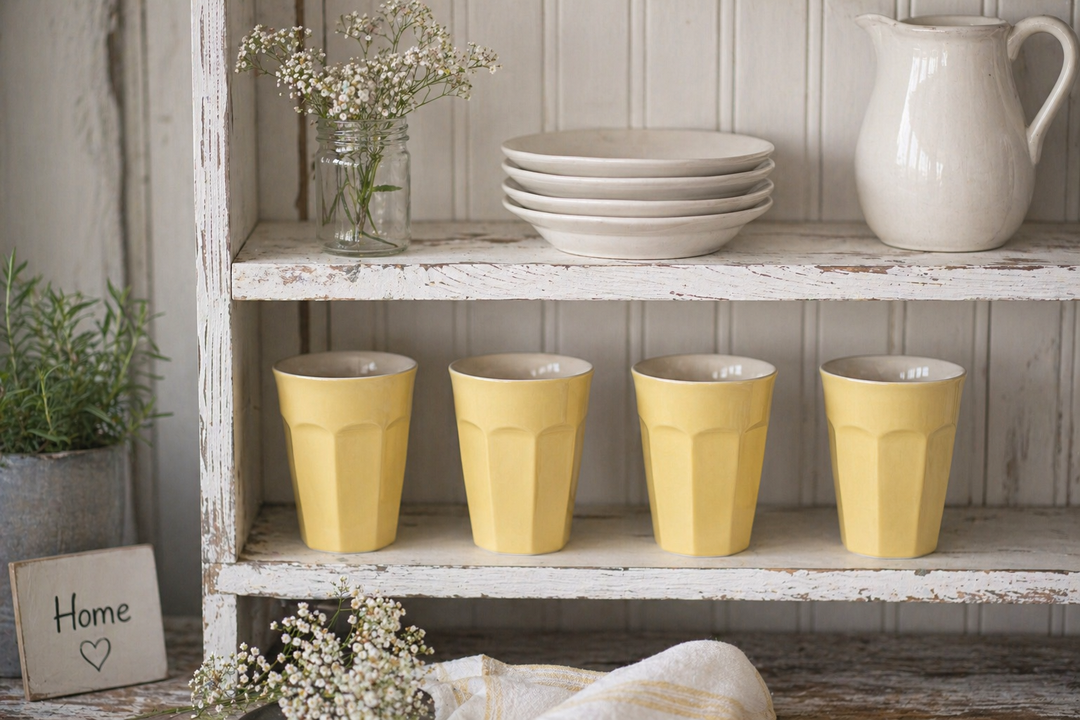 IB Laursen Mynte Becher Lemonade gelb im Regal Landhausküche Shabby Chic mit Geschirr