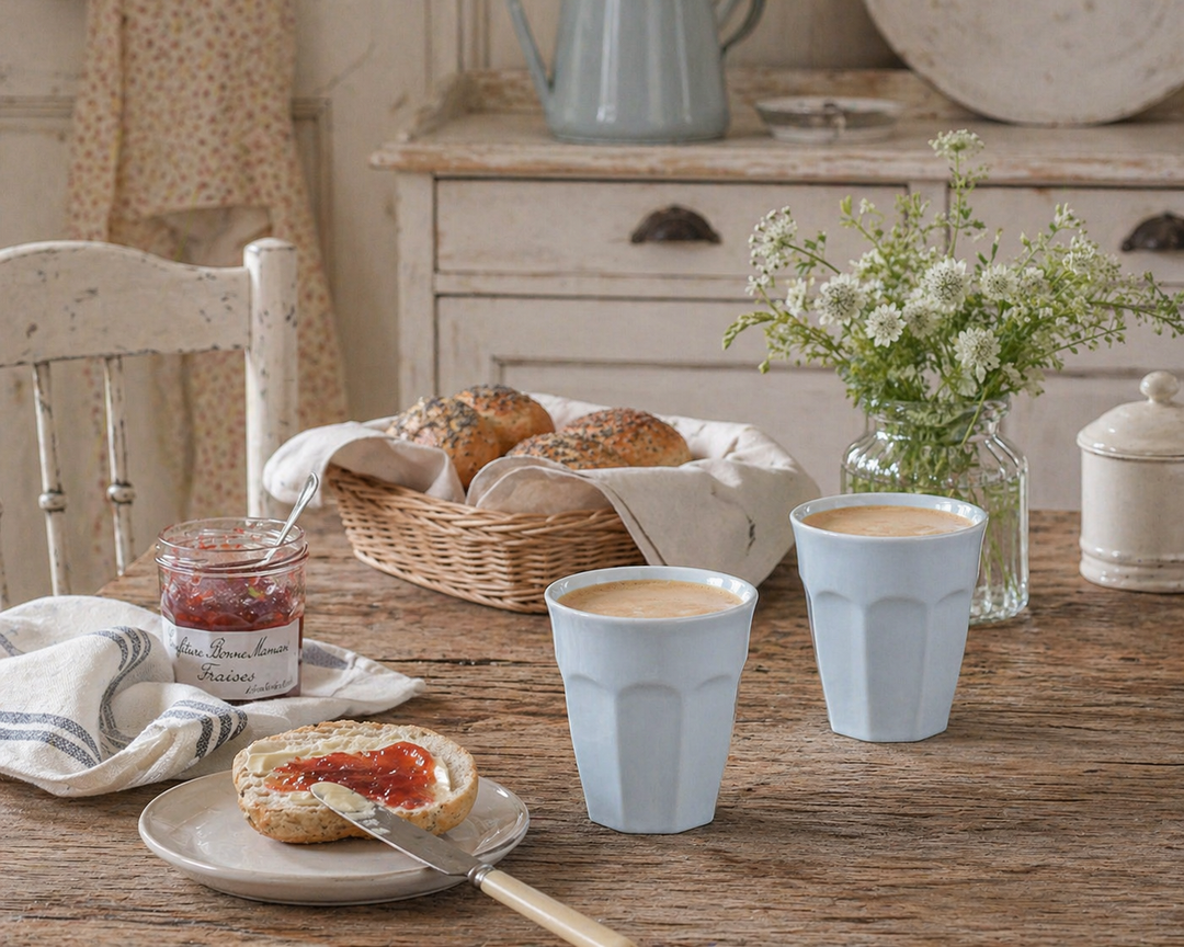 IB Laursen Mynte Becher Stillwater hellblau auf Frühstückstisch mit Brötchen und Marmelade Landhausküche Shabby Chic