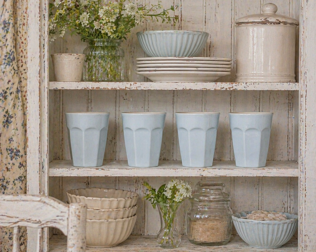 IB Laursen Mynte Becher Stillwater hellblau im Regal Landhausküche Shabby Chic mit Geschirr