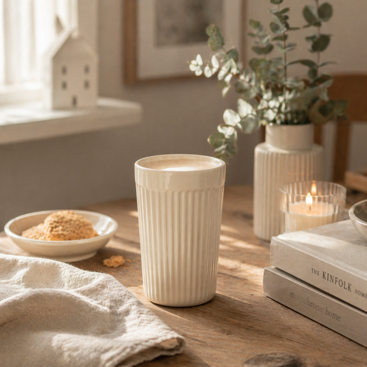 IB Laursen Mynte Café Latte Becher Butter Cream in gemütlicher Hygge Kaffeeszene mit Kerze, Büchern und skandinavischer Dekoration
