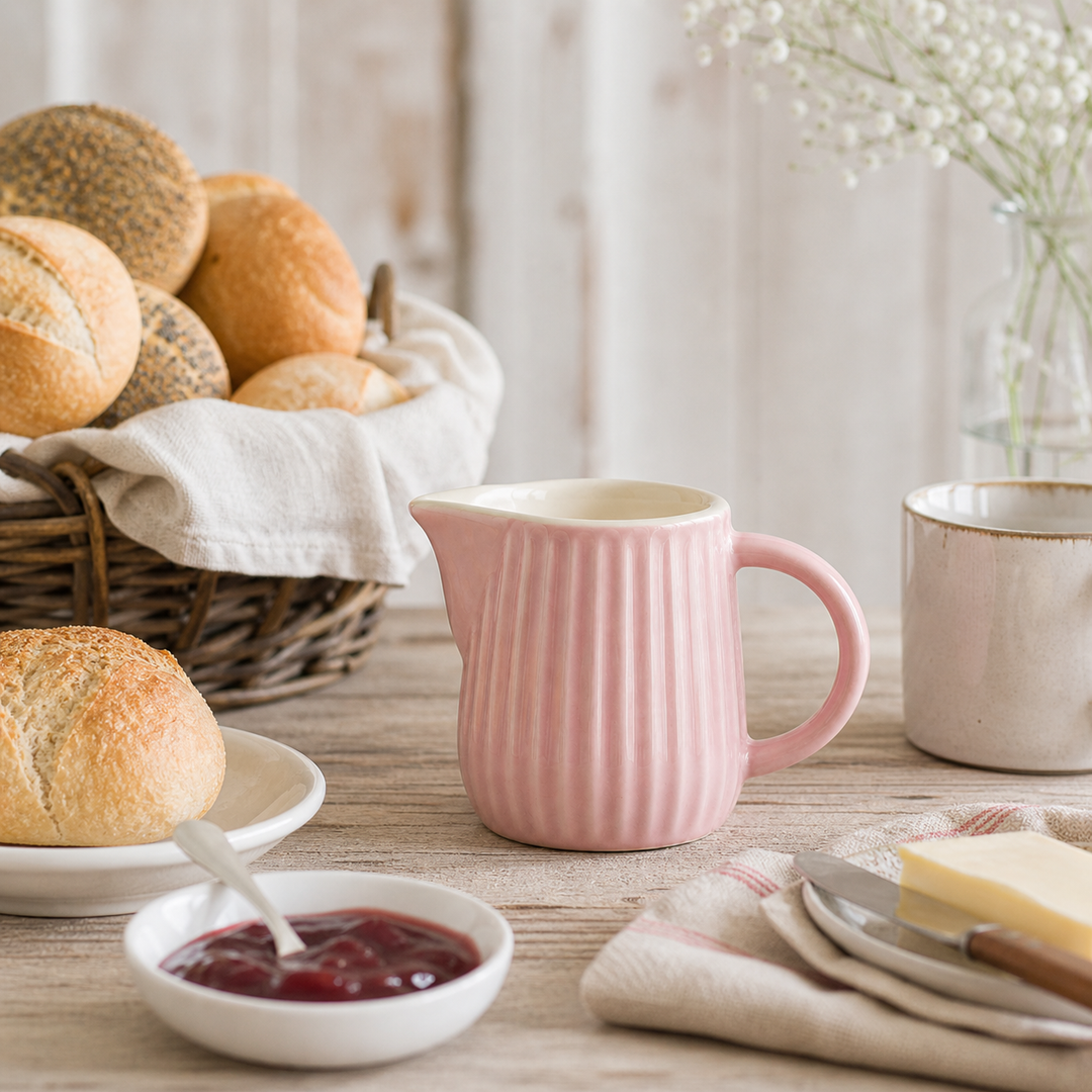 Ib Laursen Mynte Milch- und Sahnekännchen English Rose 200 ml im Landhaus Frühstück Setting mit Brötchen Marmelade und Holz Tisch