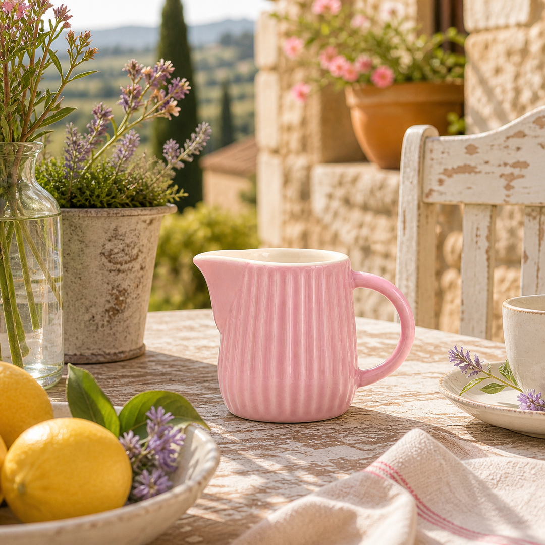 Ib Laursen Mynte Milch- und Sahnekännchen English Rose 200 ml auf sommerlicher Terrasse im mediterranen Landhausstil mit Sonne und Blumen