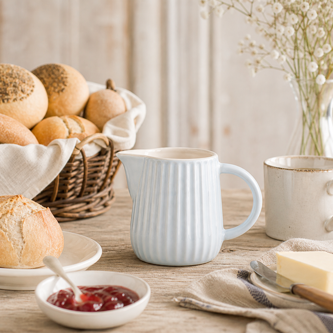 Ib Laursen Mynte Milch- und Sahnekännchen Stillwater 200 ml im Landhaus Frühstück Setting mit Brötchen Marmelade und Holz Tisch