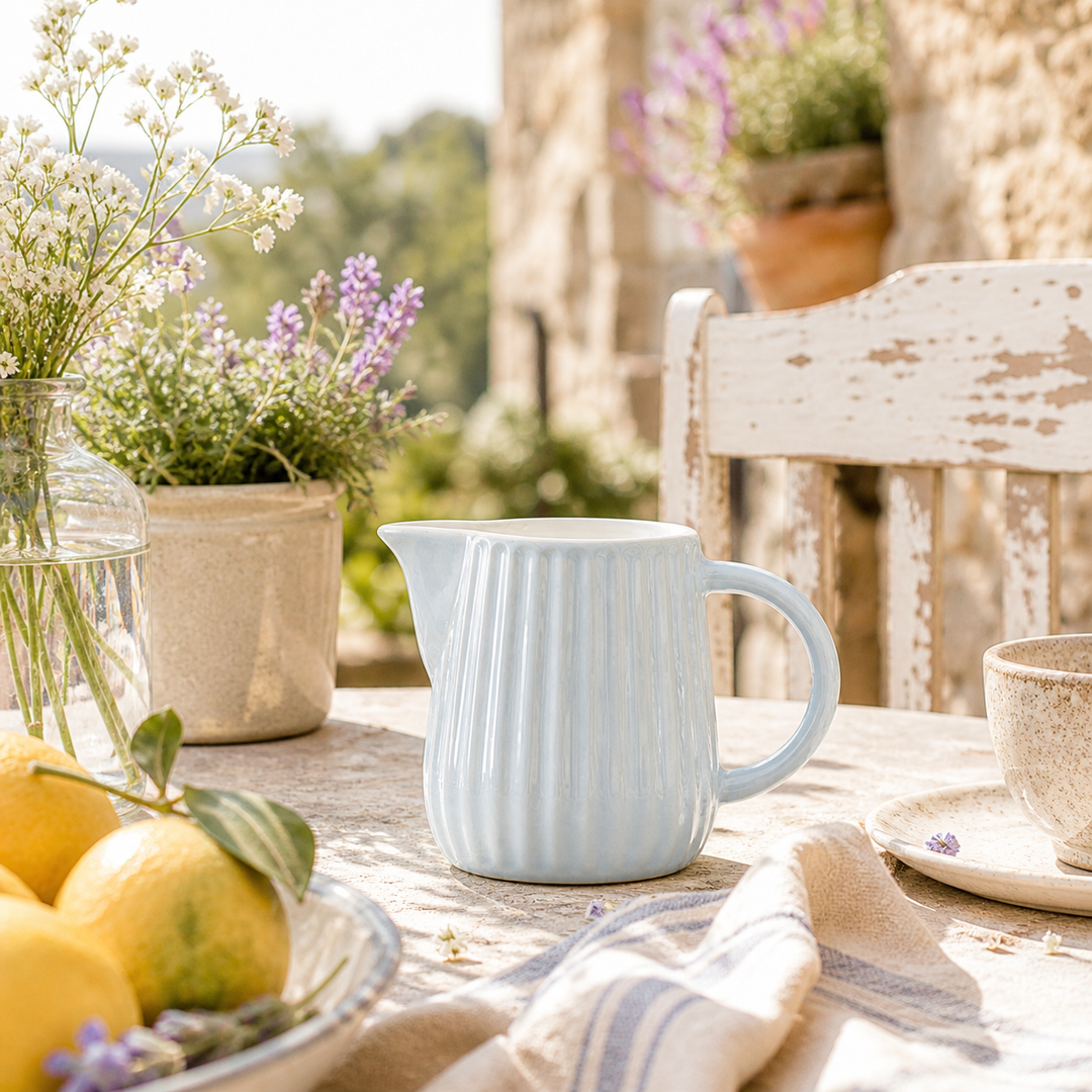 Ib Laursen Mynte Milch- und Sahnekännchen Stillwater 200 ml auf sommerlicher Terrasse im mediterranen Landhausstil mit Sonne und Blumen
