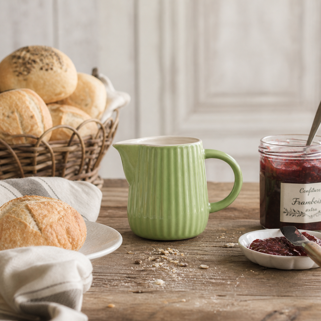 Ib Laursen Mynte Milchkännchen Wasabi 200 ml im Landhaus Frühstück Setting mit Brötchen Marmelade und Holz Tisch