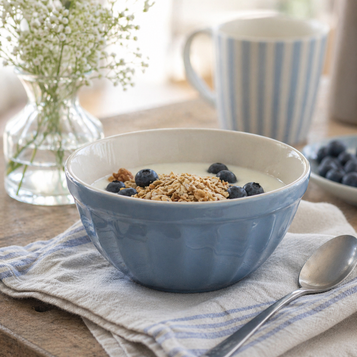 IB Laursen Mynte Müslischale Blue Bell mit Müsli und Blaubeeren auf Holztisch im skandinavischen Landhausstil