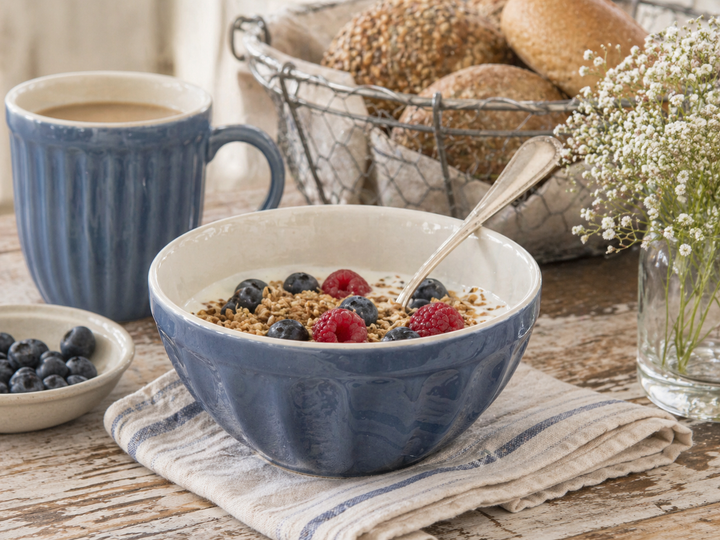 IB Laursen Mynte Müslischale Cornflower mit Müsli und Beeren auf Holztisch im skandinavischen Landhausstil