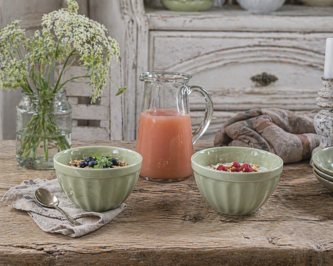 IB Laursen Mynte Müslischale Wasabi im Set mit Müsli auf urigem Holztisch neben Saftkanne im Shabby Chic Landhausstil