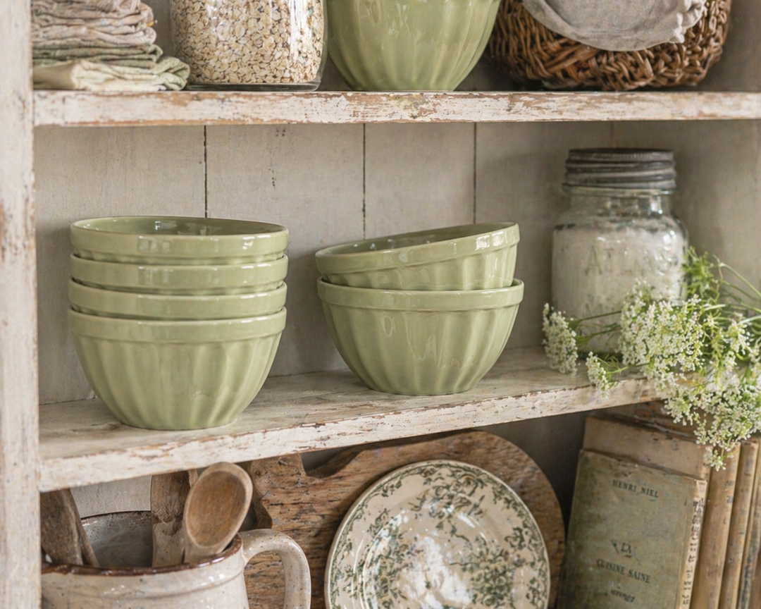 IB Laursen Mynte Müslischale Wasabi dekorativ im Regal einer Shabby Chic Landhausküche