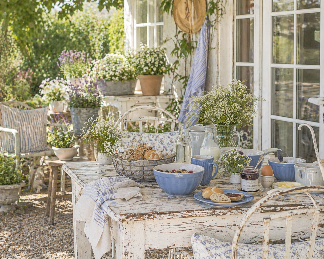 IB Laursen Mynte Schüsseln Blue Bell auf Terrasse im Sommer im Shabby Chic Landhausstil