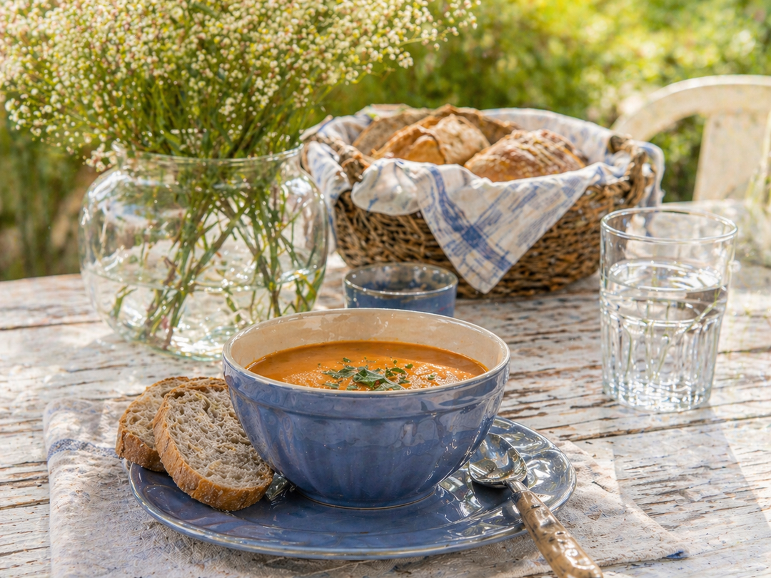 IB Laursen Mynte Schüssel Cornflower mit Suppe auf Terrasse im Sommer im Shabby Chic Landhausstil