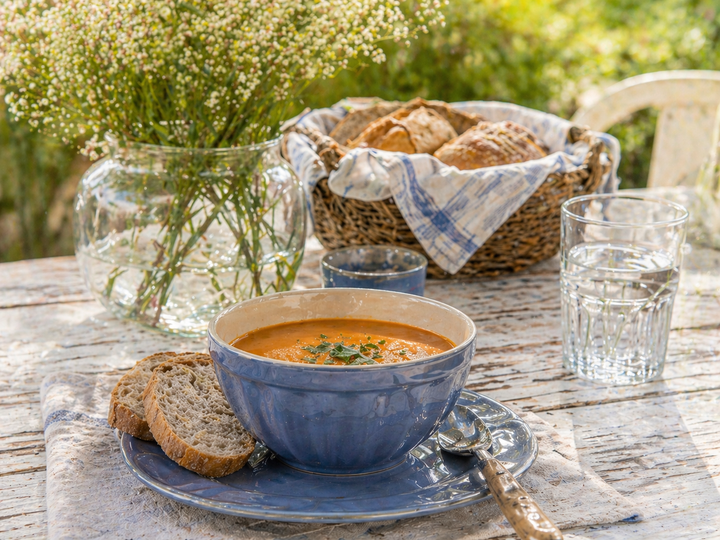 IB Laursen Mynte Schüssel Cornflower mit Suppe auf Terrasse im Sommer im Shabby Chic Landhausstil