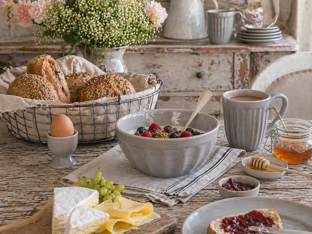 IB Laursen Mynte Schüssel French Grey auf Frühstückstisch mit Brötchen, Honig und Käse im Shabby Chic Landhausstil