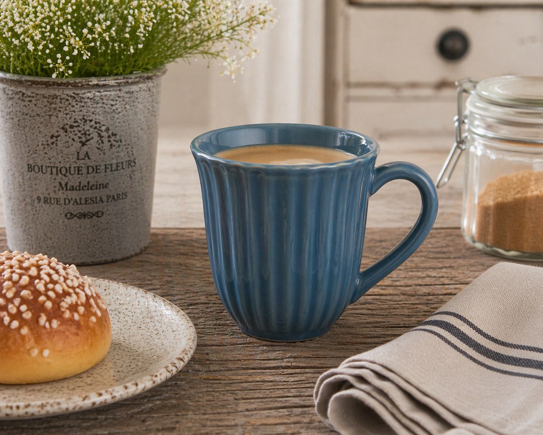 IB Laursen Mynte Tasse Cornflower in Nutzung mit Kaffee im skandinavischen Landhausstil auf gedecktem Tisch