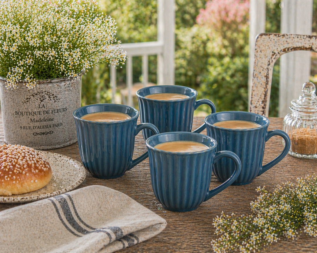 IB Laursen Mynte Tasse Cornflower im Shabby Chic Stil auf Terrasse mit Holztisch, Kaffee und Landhaus Dekoration in sommerlicher Stimmung