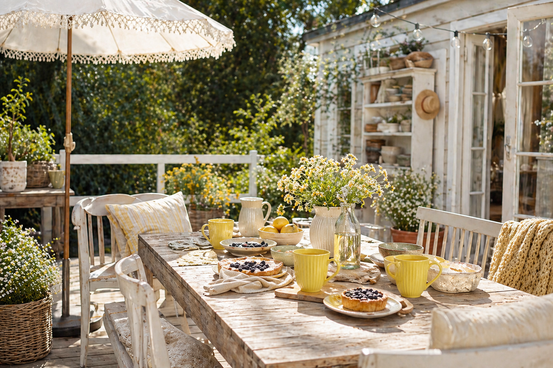 IB Laursen Mynte Tasse Lemonade auf sommerlicher Terrasse im Landhausstil mit gedecktem Tisch, Blumen und gemütlicher Outdoor Atmosphäre