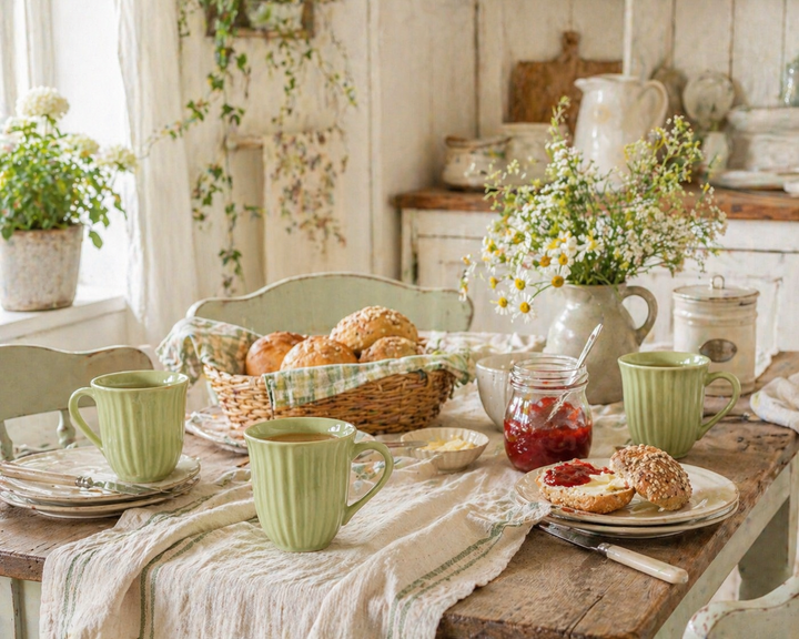 IB Laursen Mynte Tassen Wasabi auf Frühstückstisch mit Brötchen und Marmelade in Shabby Chic Landhausküche