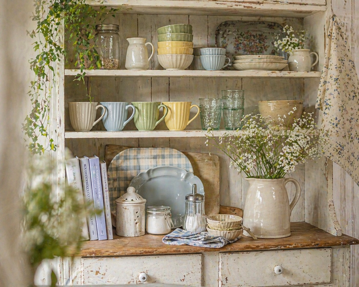 IB Laursen Mynte Tassen in verschiedenen Farben im Regal einer Shabby Chic Landhausküche dekoriert