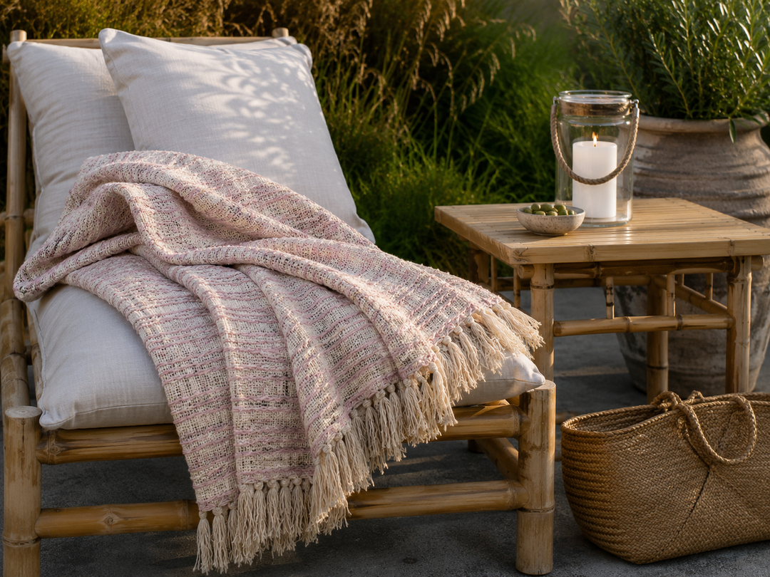 IB Laursen Plaid Rosa auf gemütlicher Terrasse im Shabby Chic Landhausstil mit Bambusmöbeln und Abendlicht