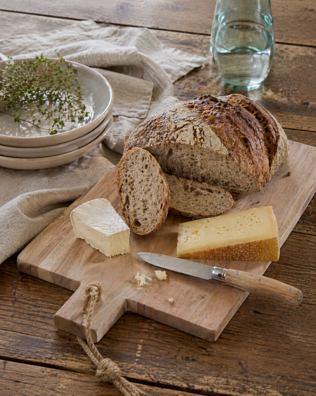 Ib Laursen Schneidebrett aus Akazienholz mit Juteseil beim Servieren von Brot und Käse auf rustikalem Holztisch im Landhausstil