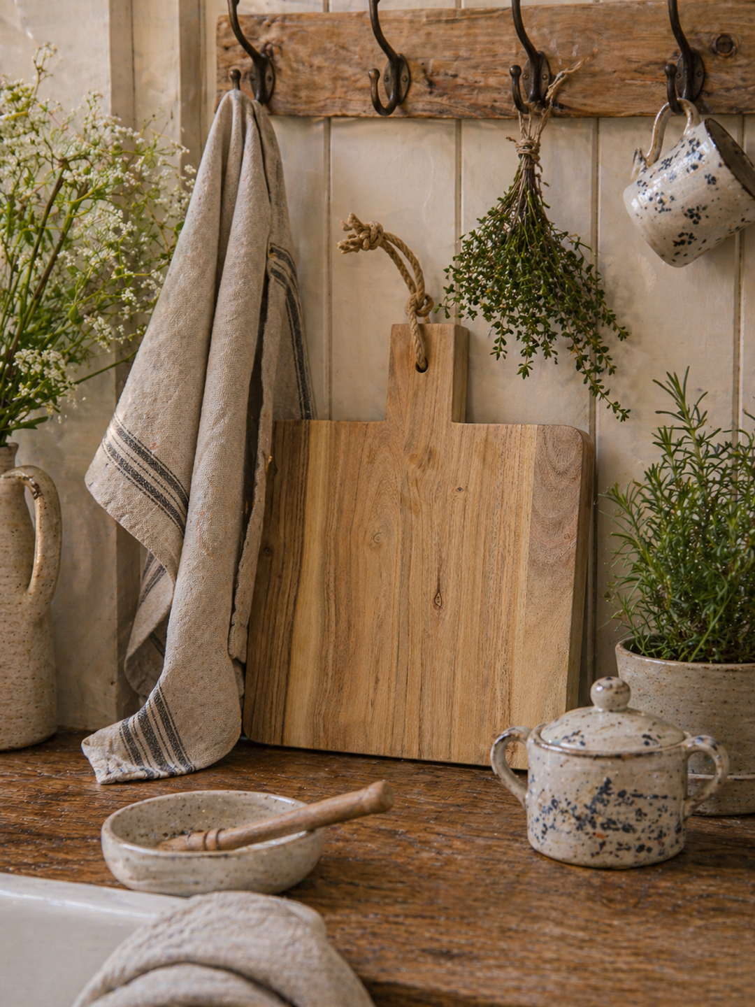 Ib Laursen Schneidebrett quadratisch aus Holz mit Juteseil in Landhausküche aufgehängt mit Leinenhandtuch, Keramik und Kräutern im Shabby Chic Stil