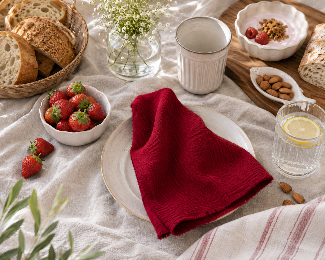 Ib Laursen Stoffserviette doppelt gewebt Rot 40x40 cm in skandinavischer Frühstücksszene mit Erdbeeren und rustikalem Brot