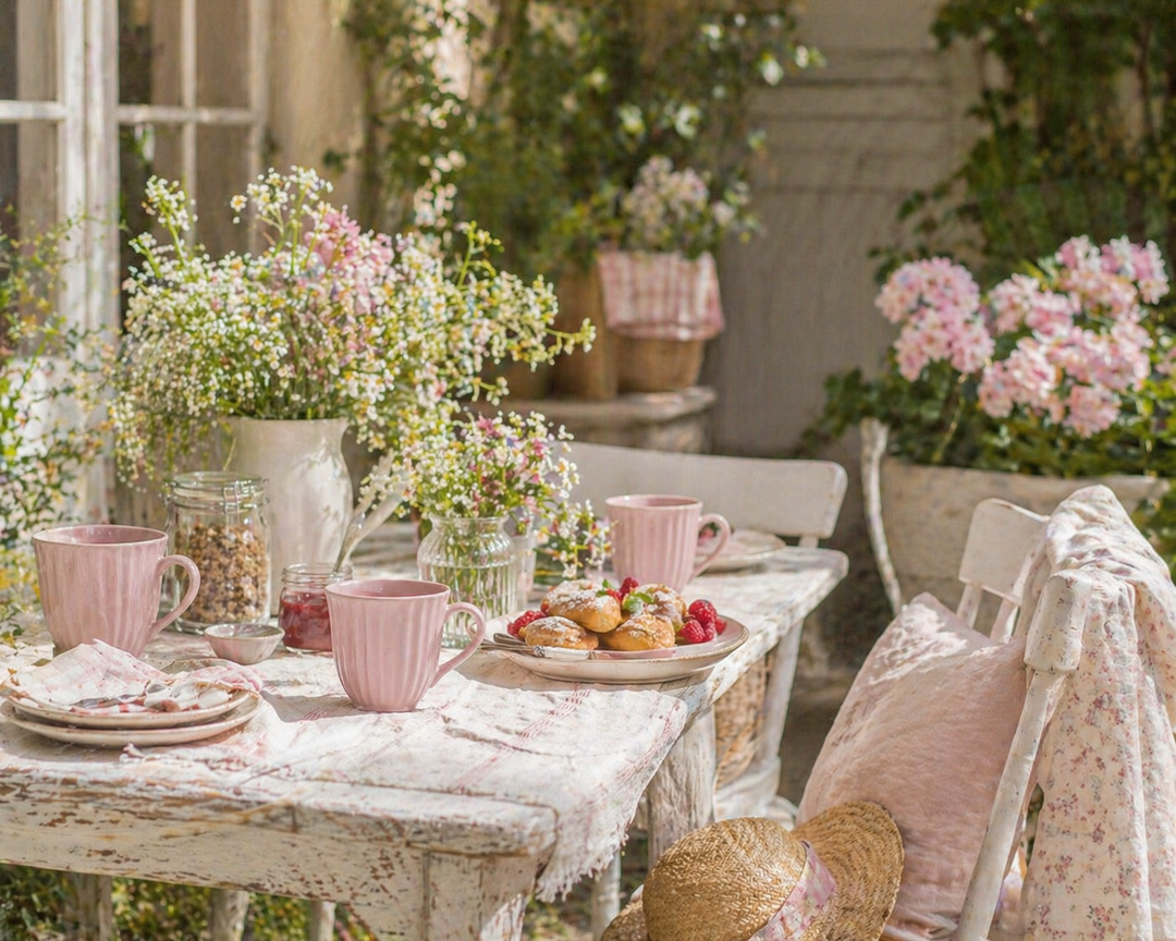 Rosa IB Laursen Mynte Tasse English Rose auf sommerlicher Terrasse im Shabby Chic Landhausstil dekoriert