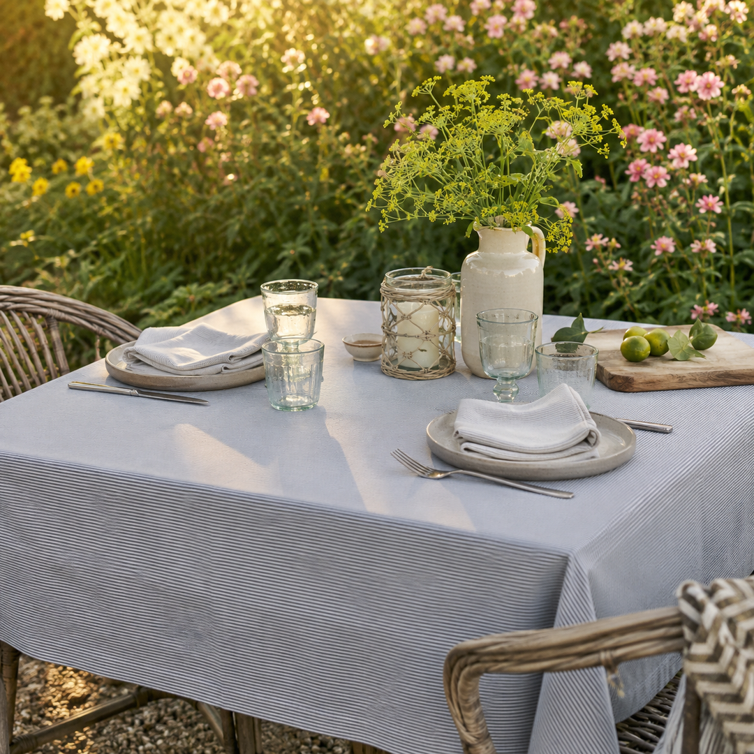 Ib Laursen Tischdecke Charlie quadratisch Blau Weiß mit dunkelblauen Streifen auf sommerlichem Gartentisch im skandinavischen Landhausstil